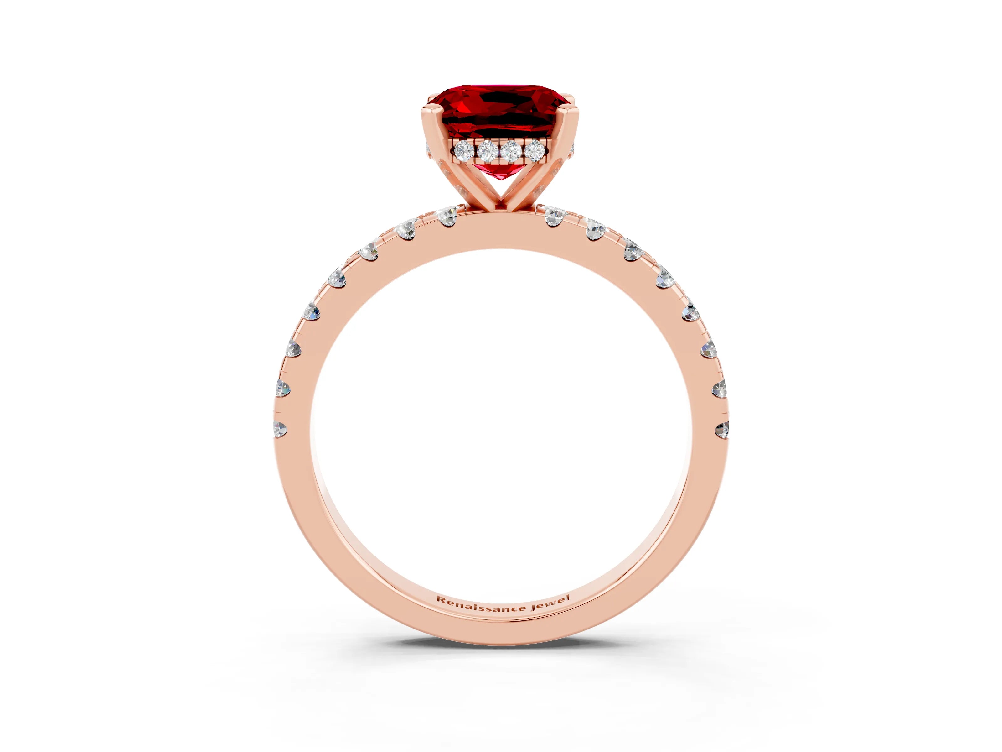 Rose gold Cushion Cut Ruby Solitaire Ring with Pavé Band and Four-Prong Setting_27