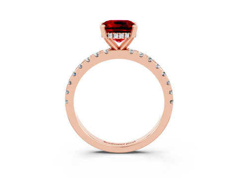 Rose gold Cushion Cut Ruby Solitaire Ring with Pavé Band and Four-Prong Setting_27
