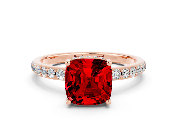 Rose gold Cushion Cut Ruby Solitaire Ring with Pavé Band and Hidden Halo