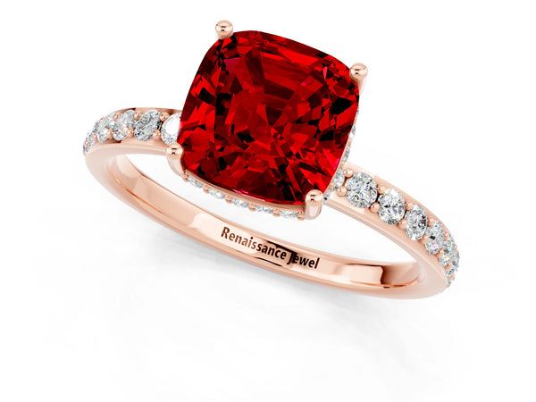 Rose gold Cushion Cut Ruby Solitaire Ring with Pavé Band and Hidden Halo
