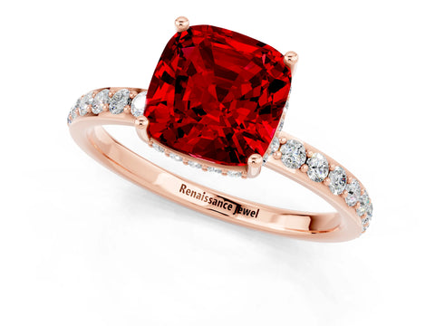 Rose gold Cushion Cut Ruby Solitaire Ring with Pavé Band and Hidden Halo_13