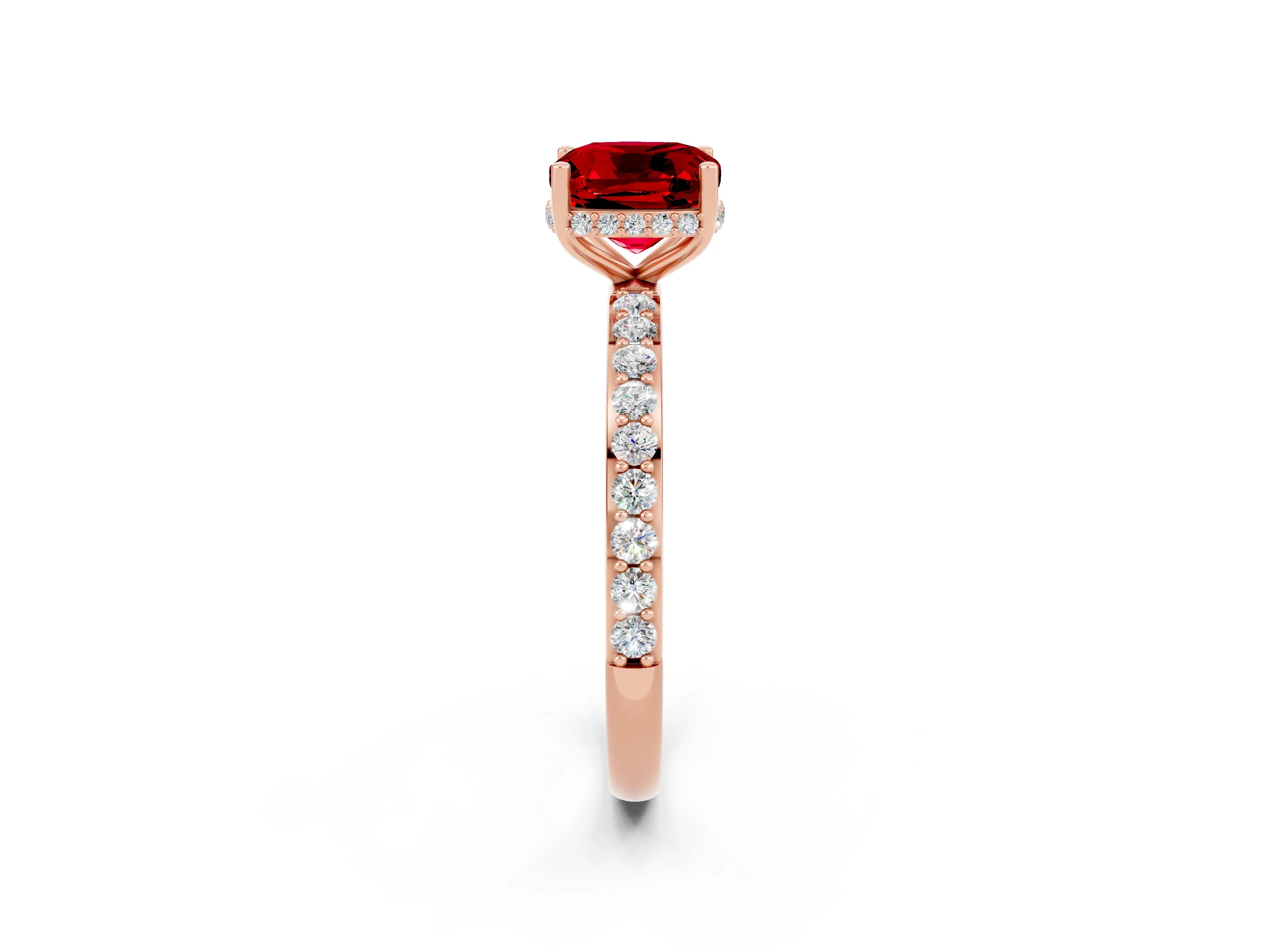 Rose gold Cushion Cut Ruby Solitaire Ring with Pavé Band and Hidden Halo_14