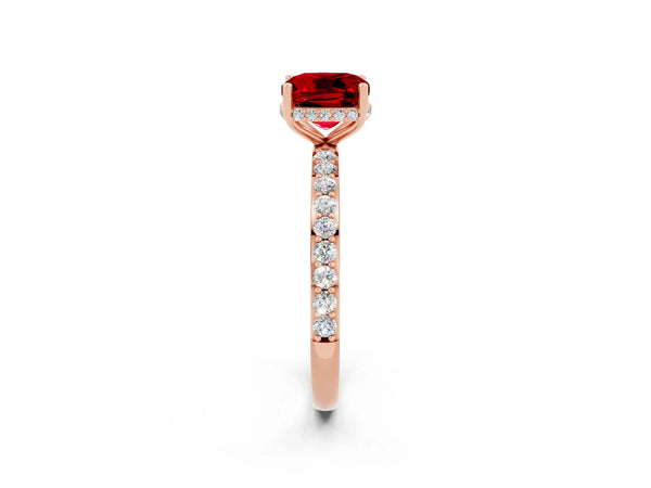 Rose gold Cushion Cut Ruby Solitaire Ring with Pavé Band and Hidden Halo