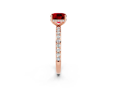 Rose gold Cushion Cut Ruby Solitaire Ring with Pavé Band and Hidden Halo_14