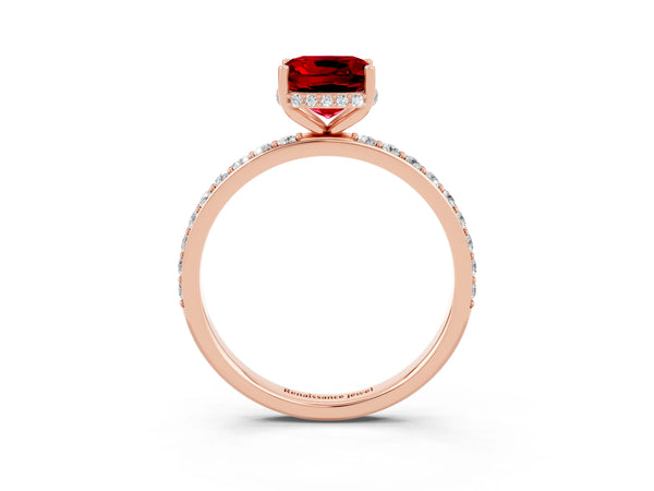 Rose gold Cushion Cut Ruby Solitaire Ring with Pavé Band and Hidden Halo