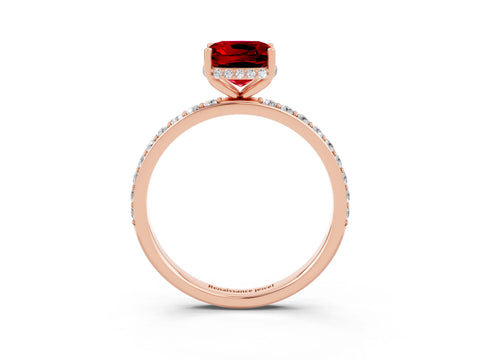 Rose gold Cushion Cut Ruby Solitaire Ring with Pavé Band and Hidden Halo_15