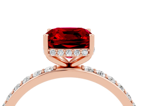 Rose gold Cushion Cut Ruby Solitaire Ring with Pavé Band and Hidden Halo_16