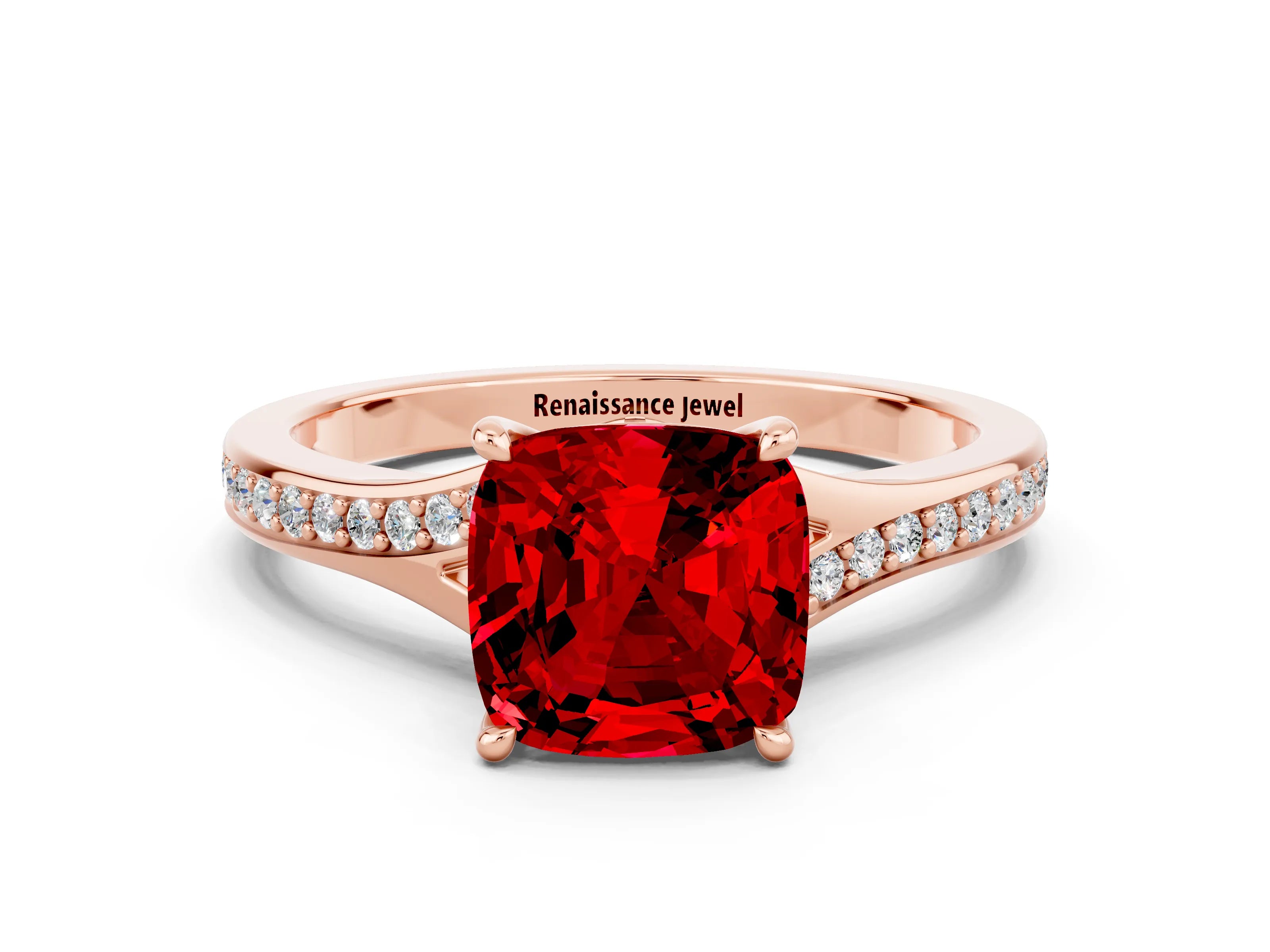 Rose gold Cushion Cut Ruby Solitaire Ring with Pavé Band and Prong Setting