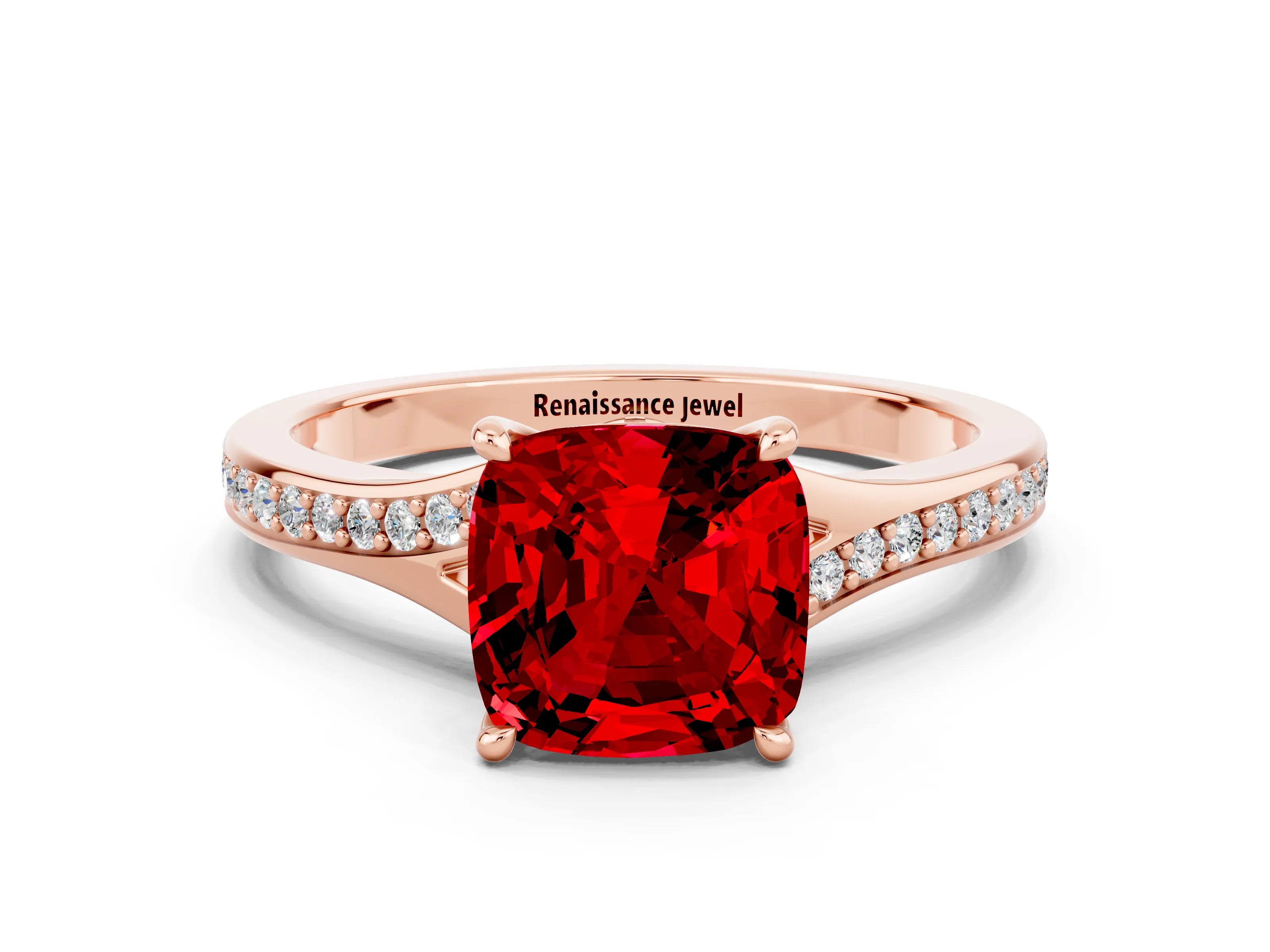Rose gold Cushion Cut Ruby Solitaire Ring with Pavé Band and Prong Setting_12