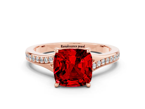 Rose gold Cushion Cut Ruby Solitaire Ring with Pavé Band and Prong Setting_12