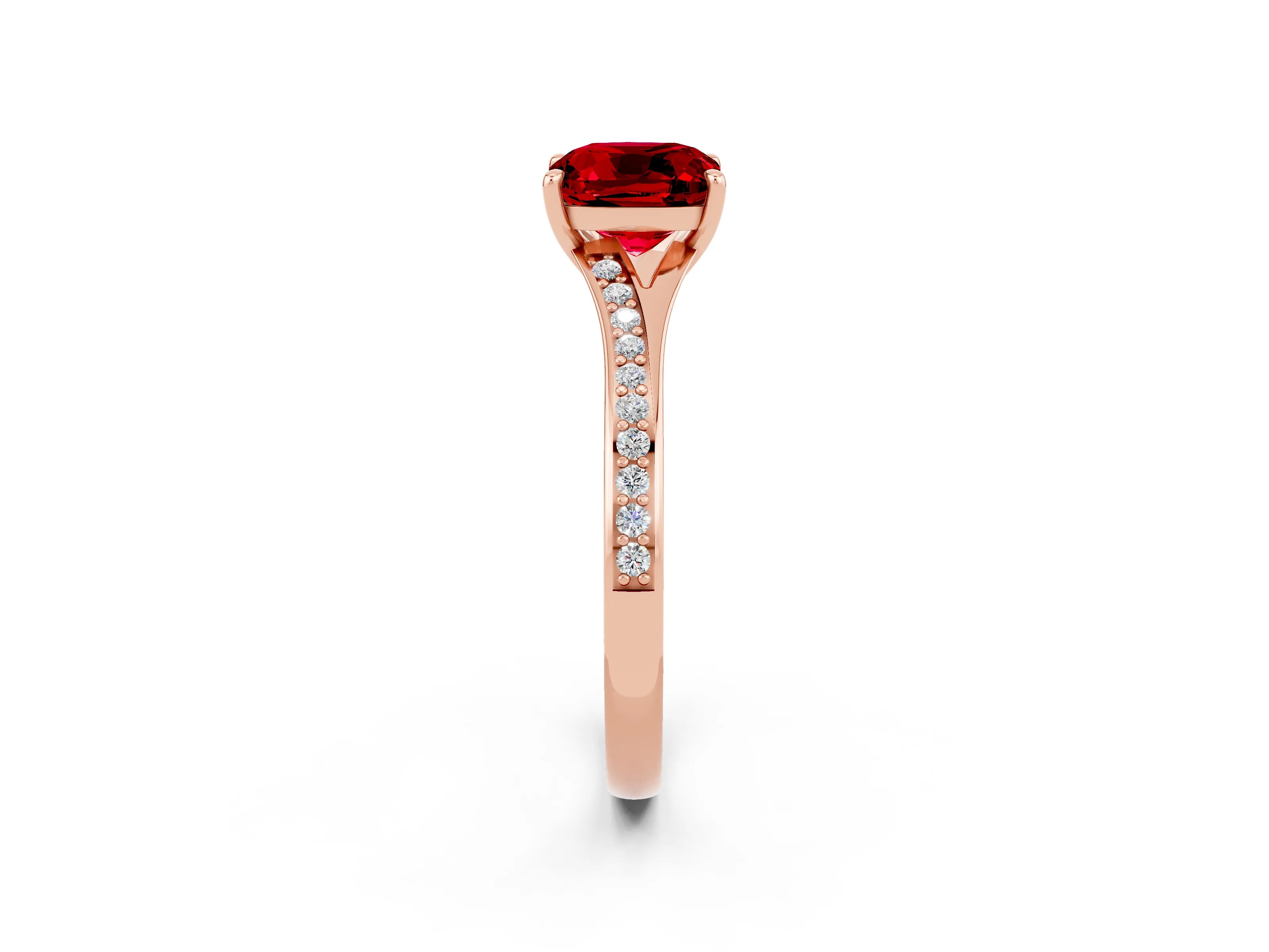 Rose gold Cushion Cut Ruby Solitaire Ring with Pavé Band and Prong Setting_14