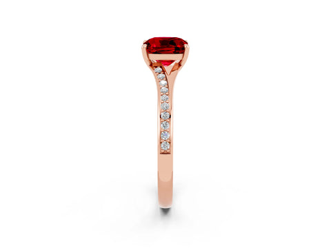 Rose gold Cushion Cut Ruby Solitaire Ring with Pavé Band and Prong Setting_14