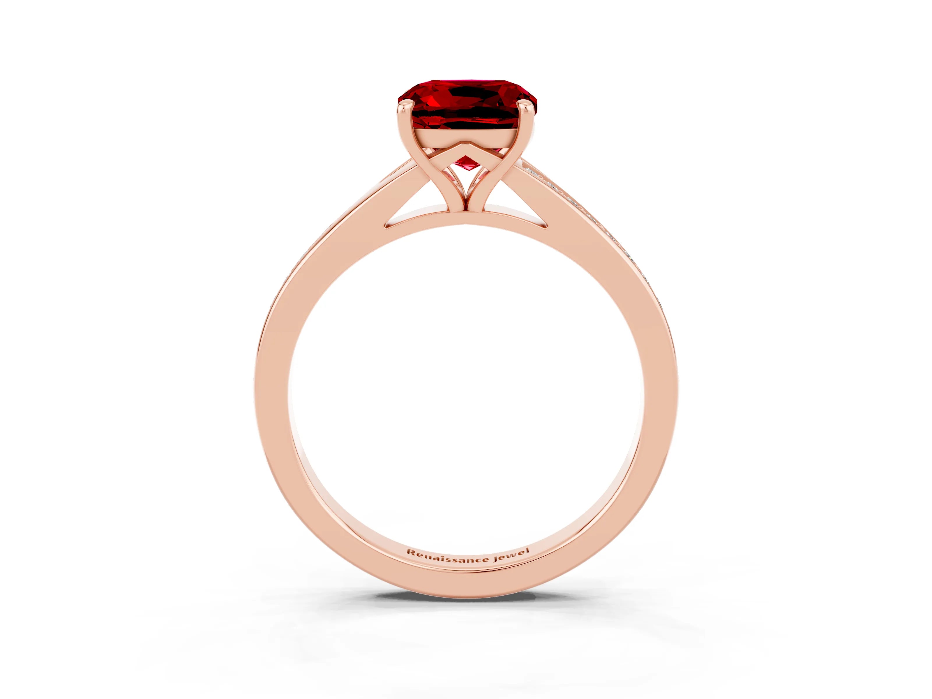 Rose gold Cushion Cut Ruby Solitaire Ring with Pavé Band and Prong Setting_15