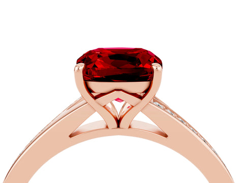 Rose gold Cushion Cut Ruby Solitaire Ring with Pavé Band and Prong Setting_16