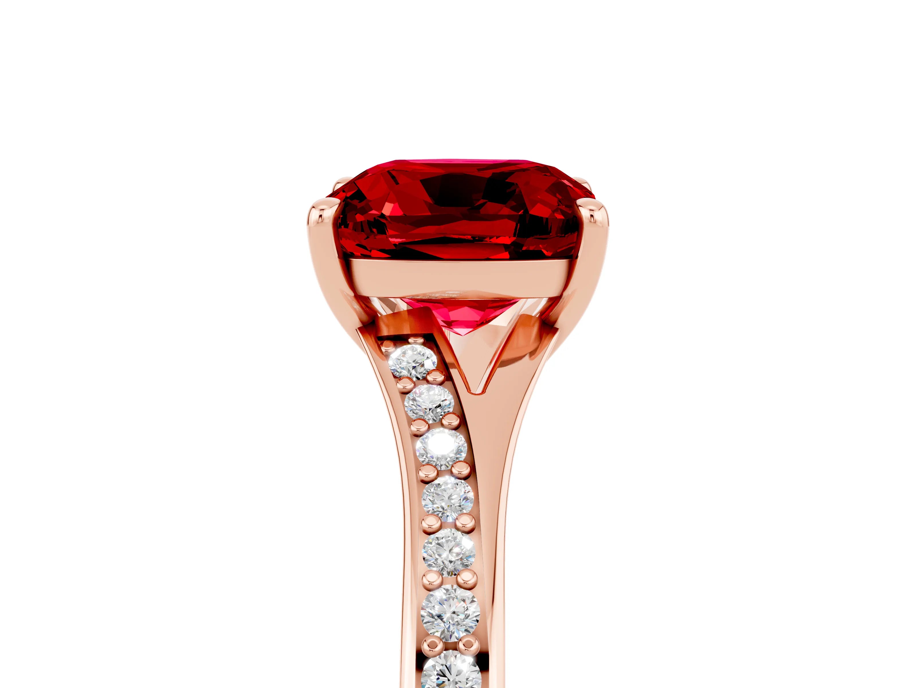 Rose gold Cushion Cut Ruby Solitaire Ring with Pavé Band and Prong Setting_17
