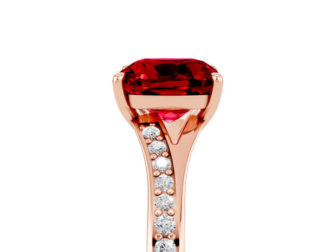 Rose gold Cushion Cut Ruby Solitaire Ring with Pavé Band and Prong Setting_17