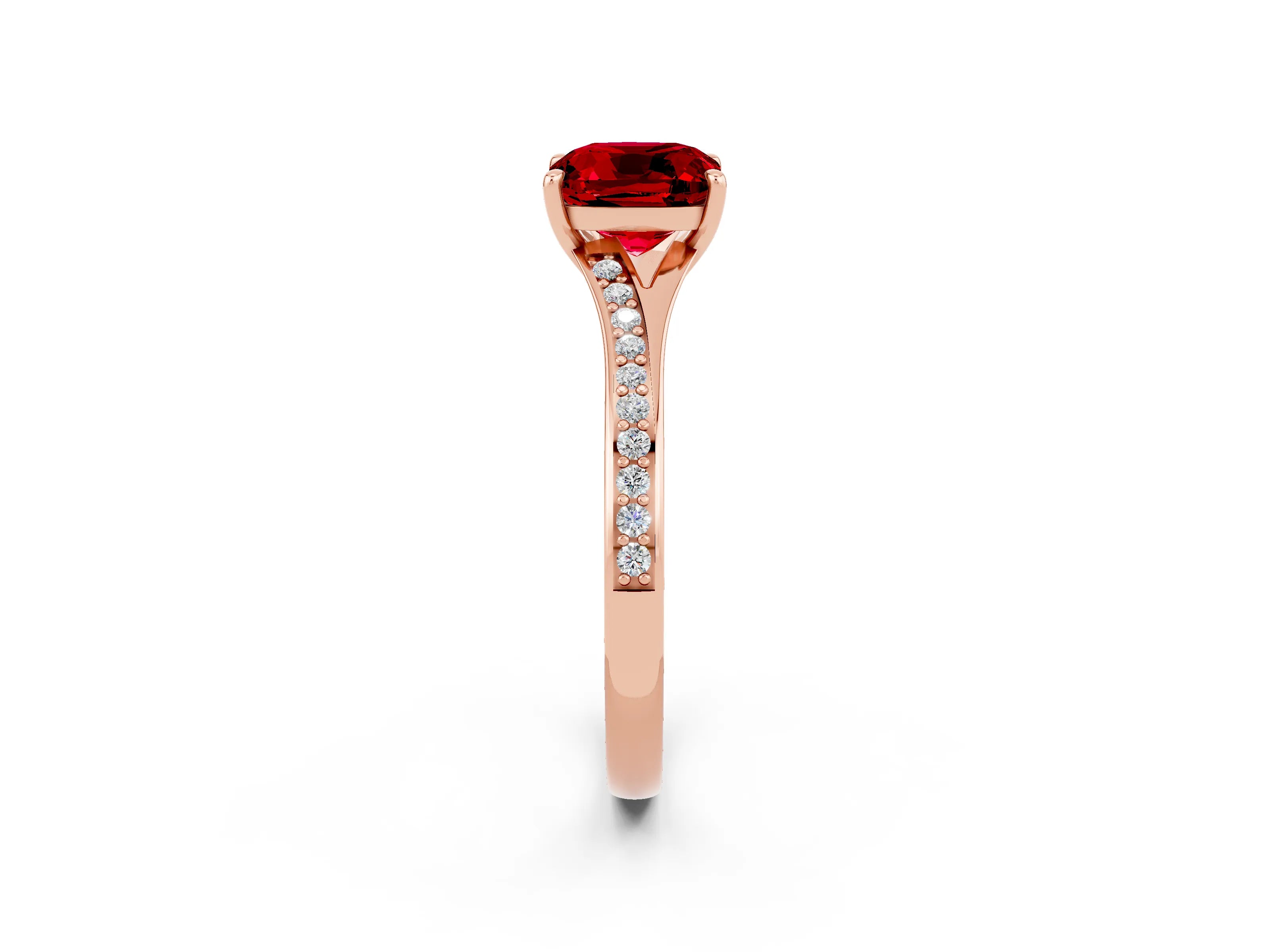 Rose gold Cushion Cut Ruby Solitaire Ring with Pavé Band and Prong Setting_2