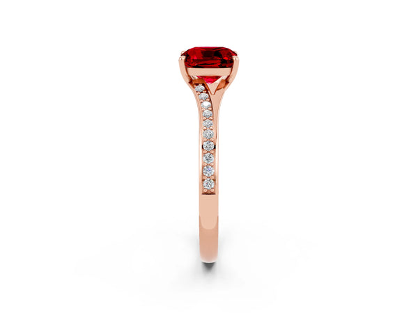 Rose gold Cushion Cut Ruby Solitaire Ring with Pavé Band and Prong Setting
