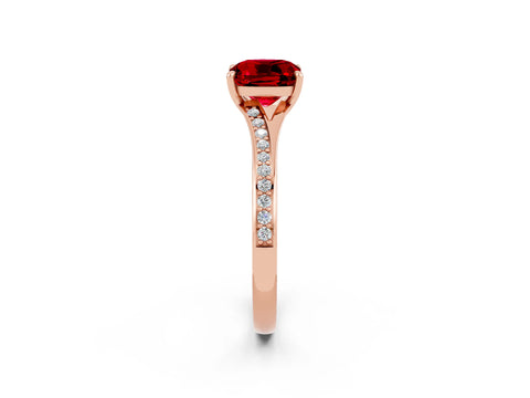 Rose gold Cushion Cut Ruby Solitaire Ring with Pavé Band and Prong Setting_2