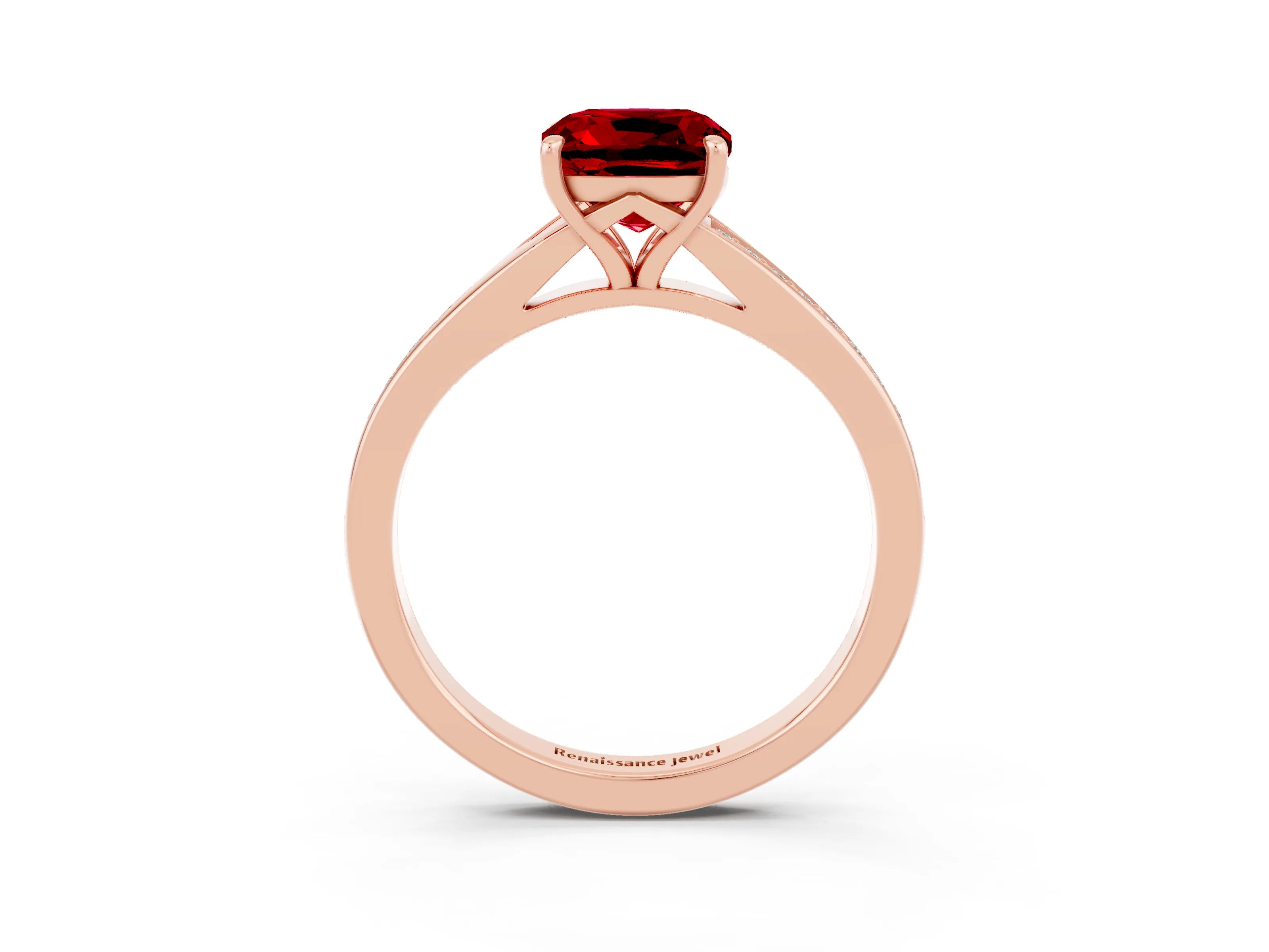 Rose gold Cushion Cut Ruby Solitaire Ring with Pavé Band and Prong Setting_3