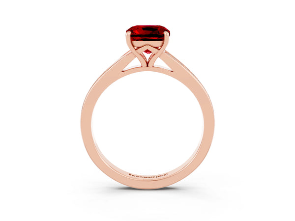 Rose gold Cushion Cut Ruby Solitaire Ring with Pavé Band and Prong Setting