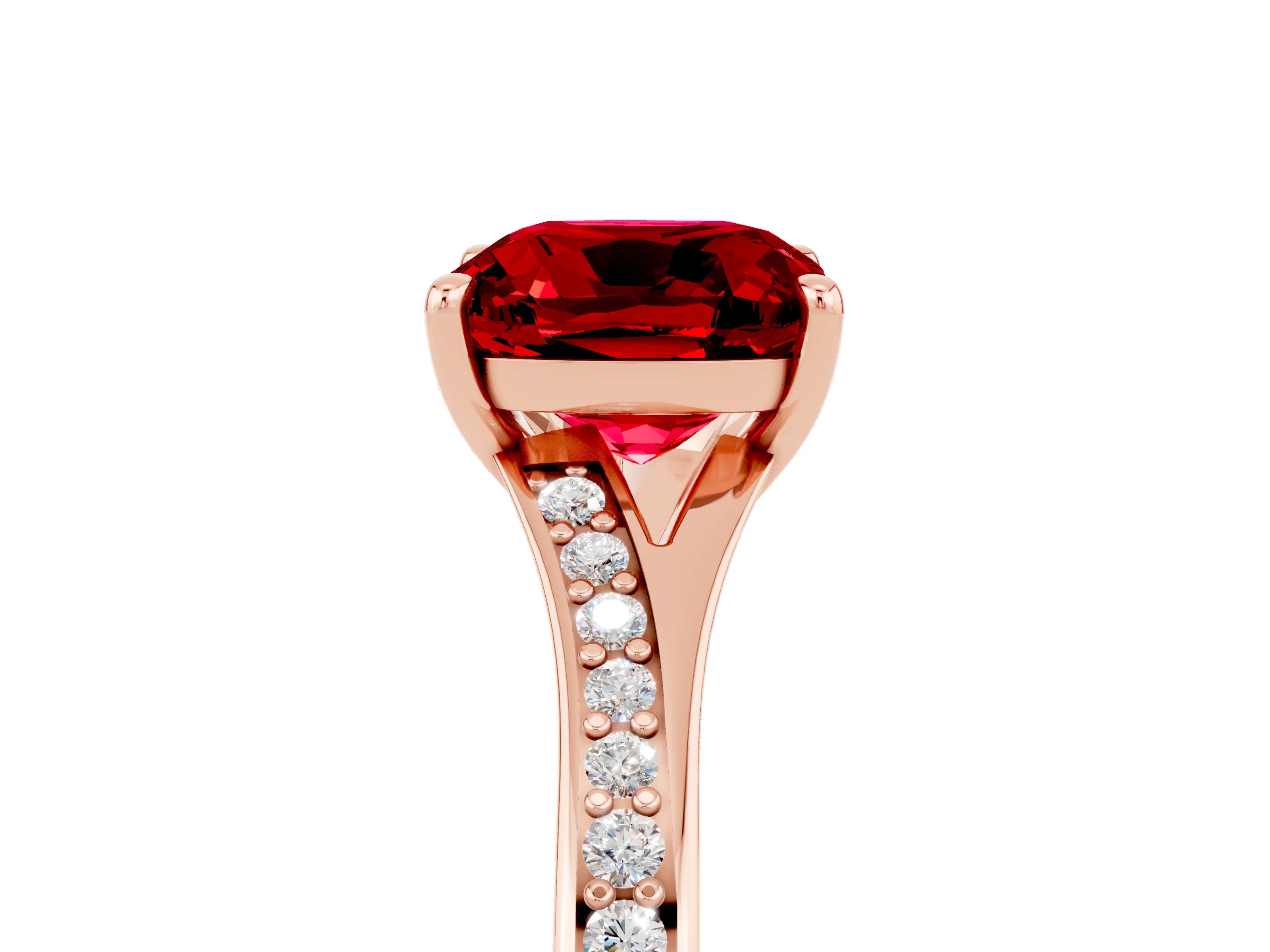 Rose gold Cushion Cut Ruby Solitaire Ring with Pavé Band and Prong Setting_5