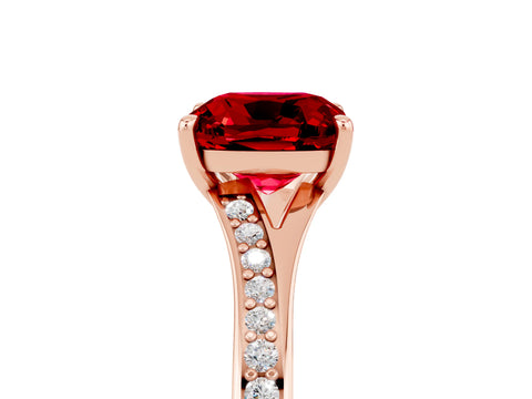Rose gold Cushion Cut Ruby Solitaire Ring with Pavé Band and Prong Setting_5
