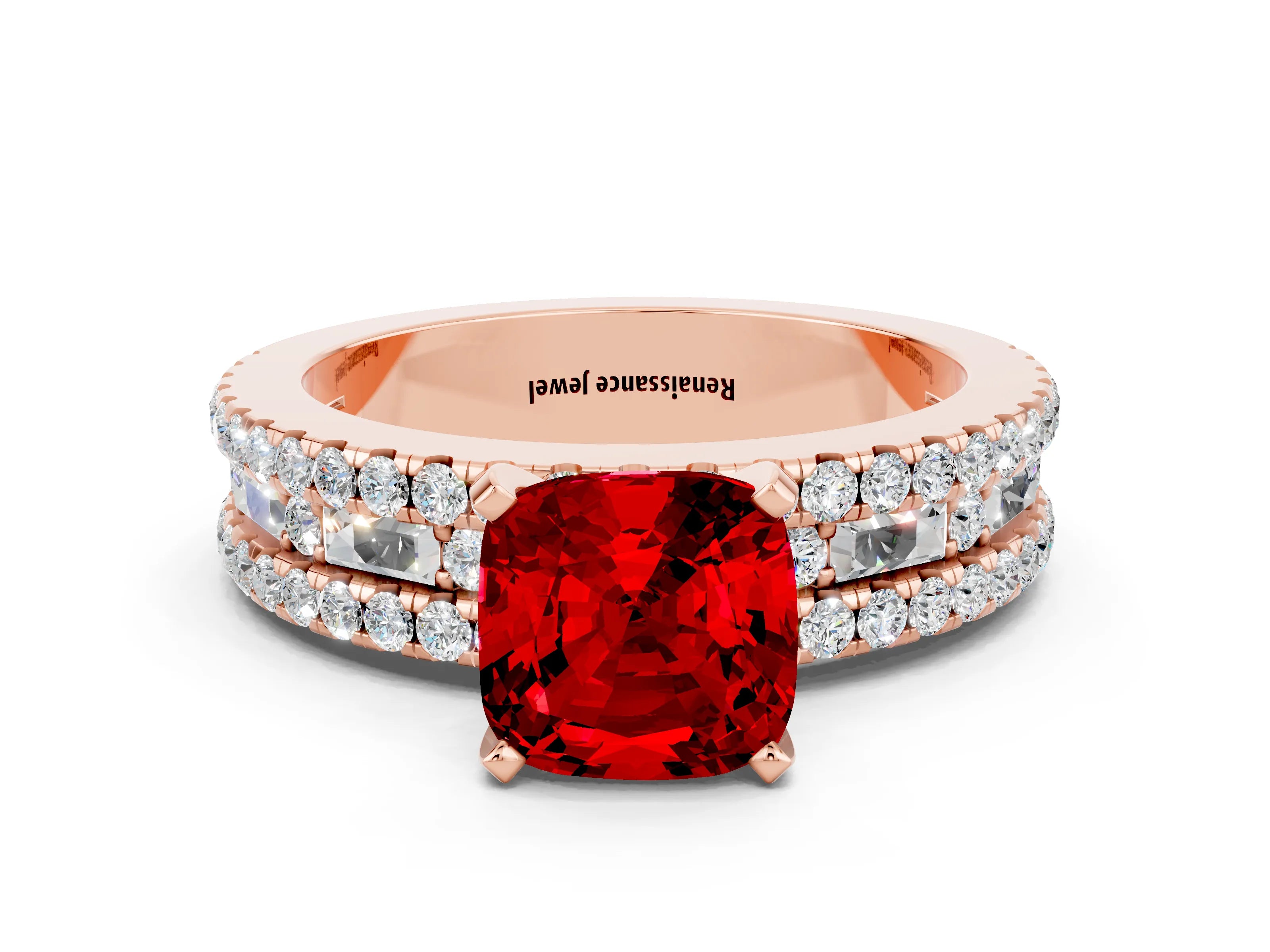 Rose gold Cushion Cut Ruby Solitaire Ring with Pavé and Channel Set Band