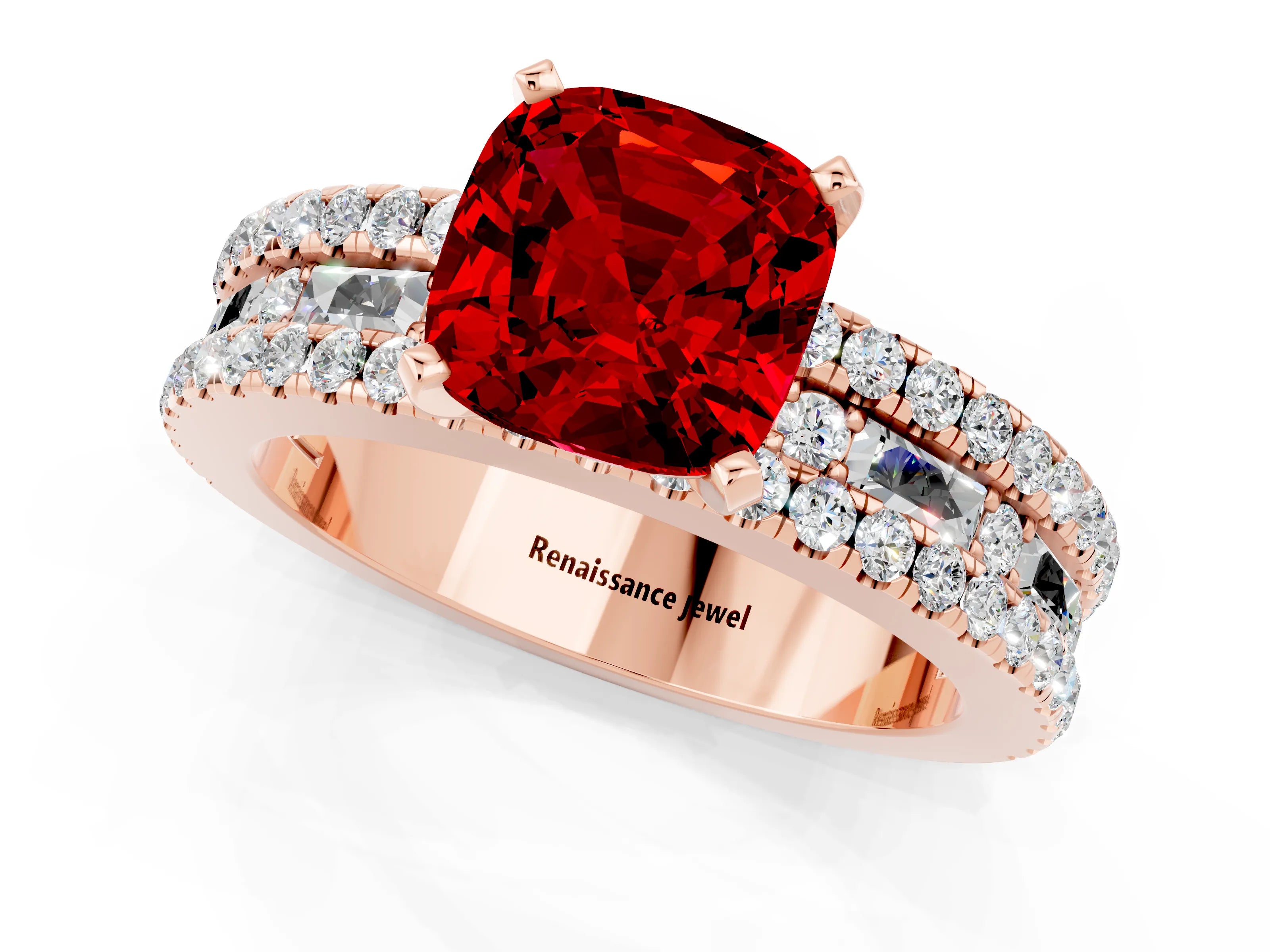 Rose gold Cushion Cut Ruby Solitaire Ring with Pavé and Channel Set Band_1