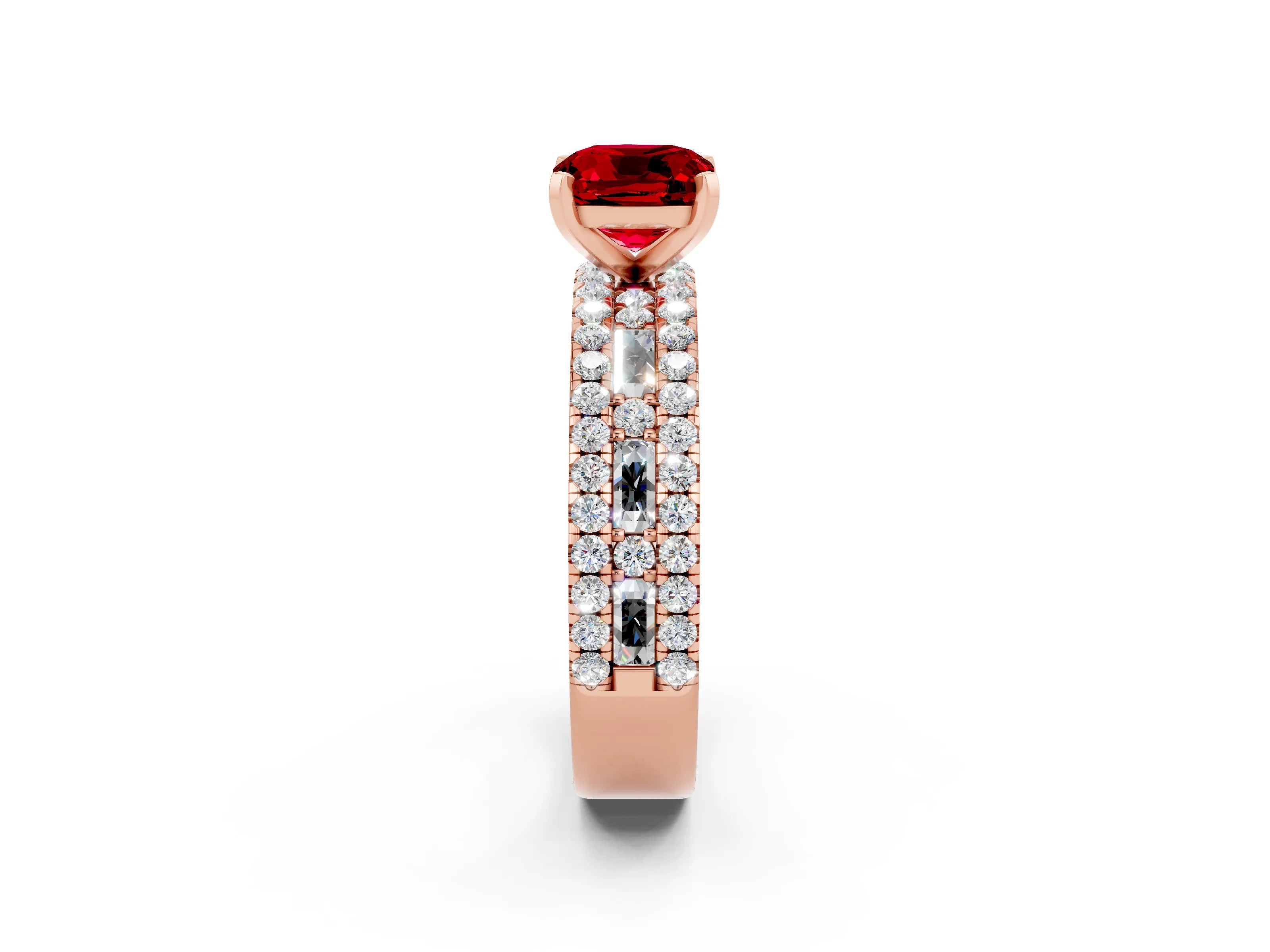 Rose gold Cushion Cut Ruby Solitaire Ring with Pavé and Channel Set Band_2