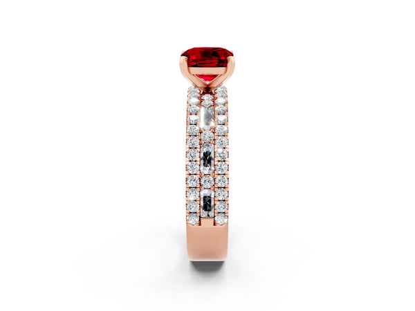 Rose gold Cushion Cut Ruby Solitaire Ring with Pavé and Channel Set Band