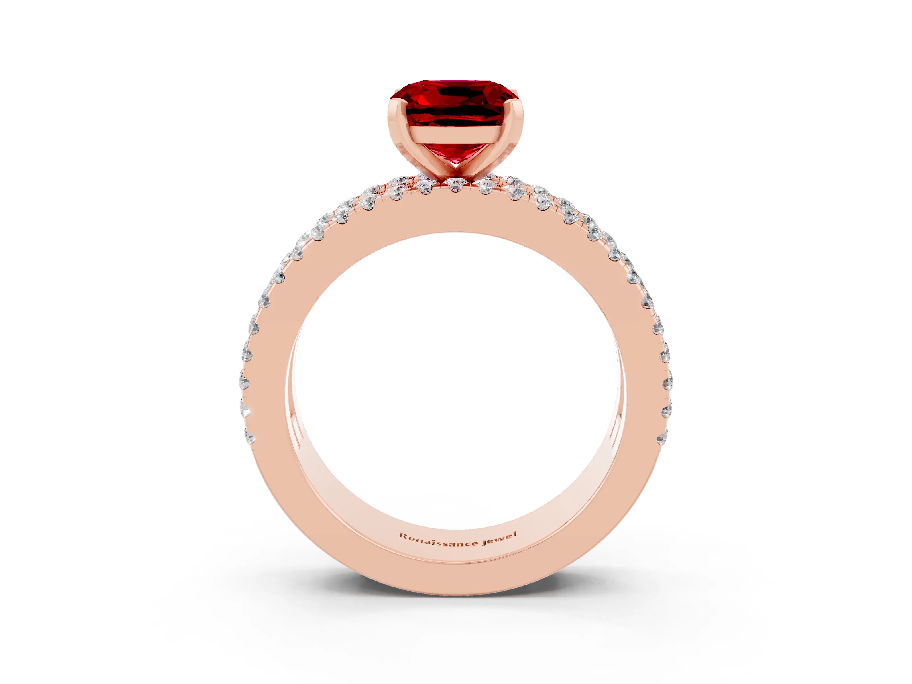 Rose gold Cushion Cut Ruby Solitaire Ring with Pavé and Channel Set Band_3