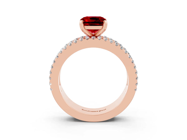Rose gold Cushion Cut Ruby Solitaire Ring with Pavé and Channel Set Band