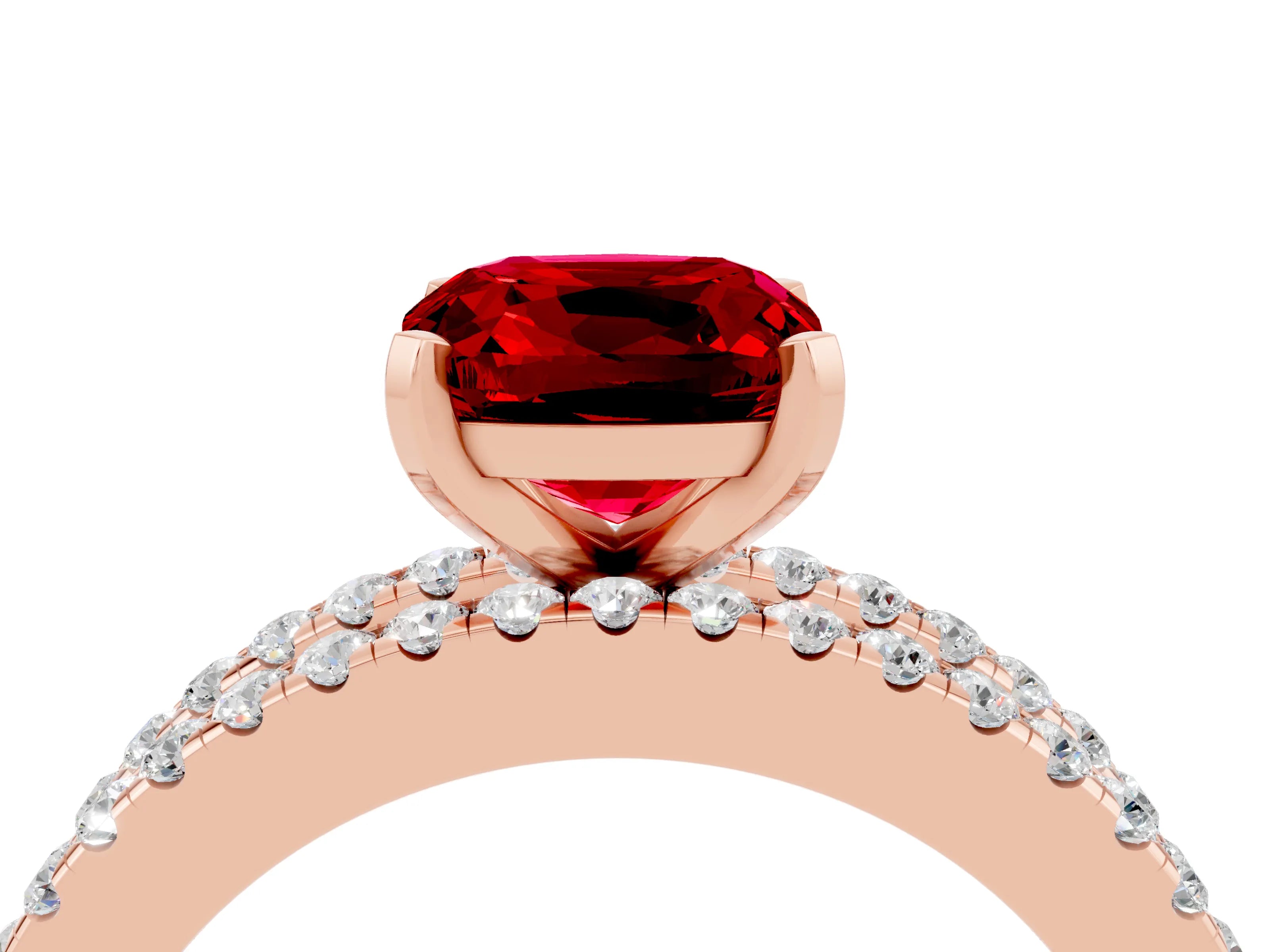 Rose gold Cushion Cut Ruby Solitaire Ring with Pavé and Channel Set Band_4