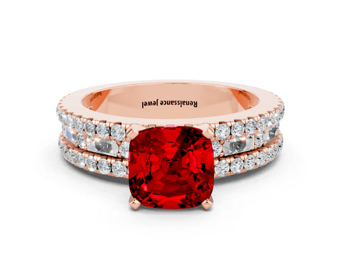 Rose gold Cushion Cut Ruby Solitaire Ring with Pavé and Channel Set Band