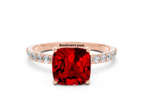Rose gold Cushion Cut Ruby Solitaire Ring with Pave Band and Four Prong Setting_24
