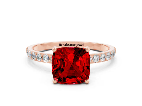 Rose gold Cushion Cut Ruby Solitaire Ring with Pave Band and Four Prong Setting_24