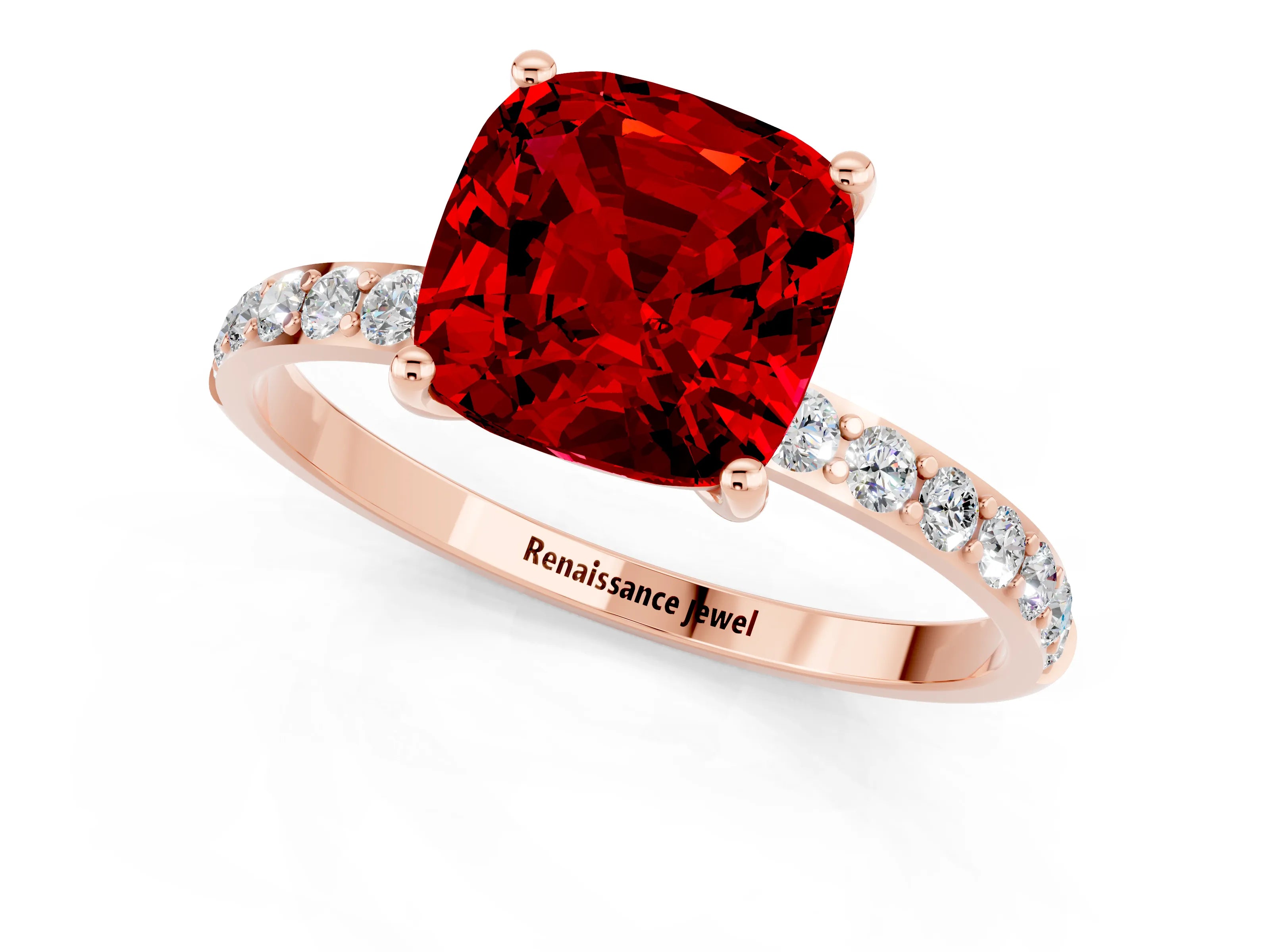 Rose gold Cushion Cut Ruby Solitaire Ring with Pave Band and Four Prong Setting_25