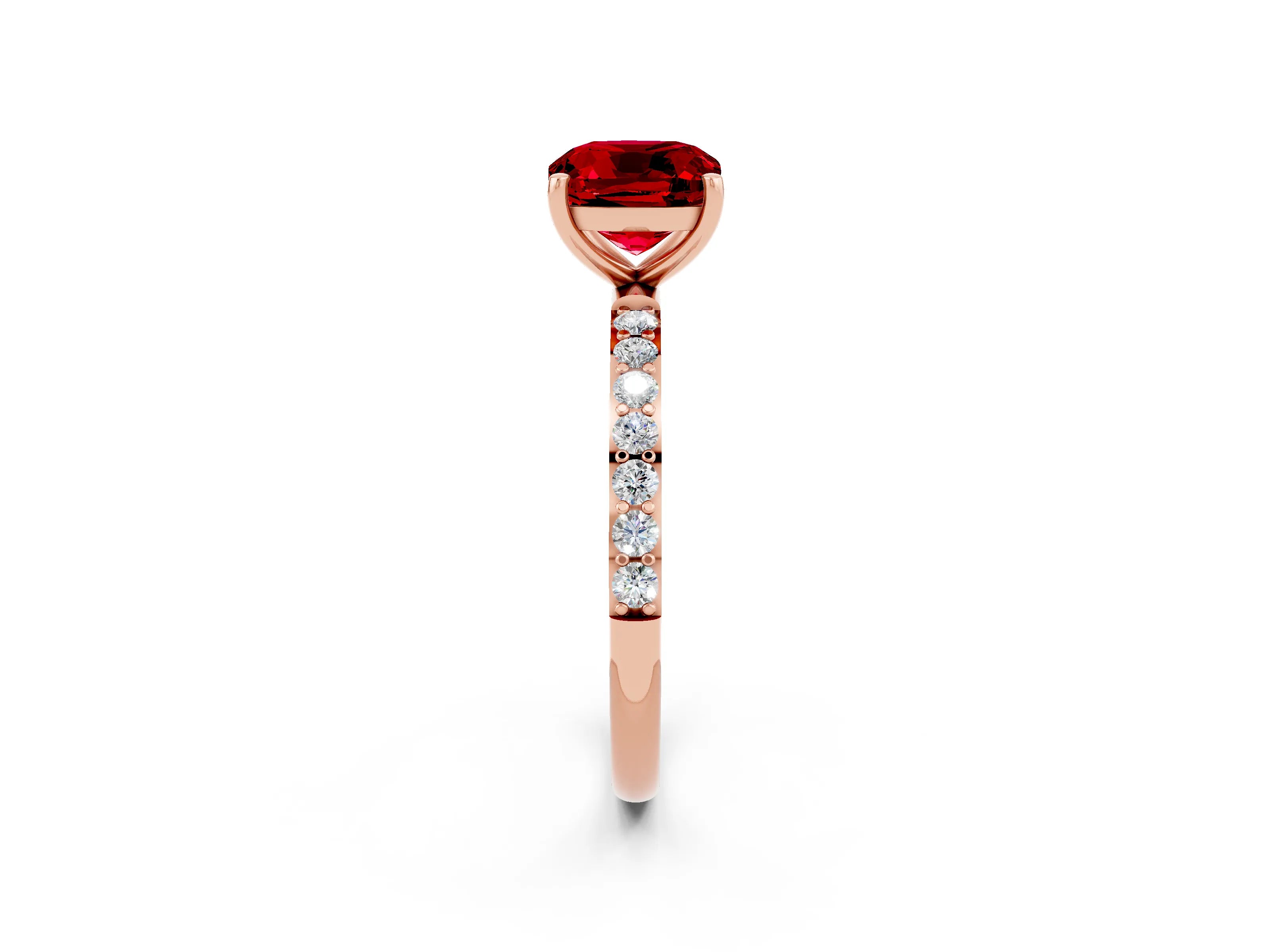 Rose gold Cushion Cut Ruby Solitaire Ring with Pave Band and Four Prong Setting_26