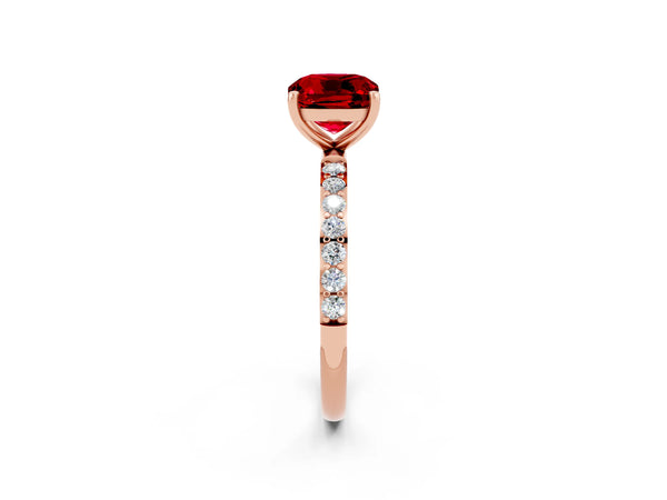 Rose gold Cushion Cut Ruby Solitaire Ring with Round  Pavé Band and Prong Setting