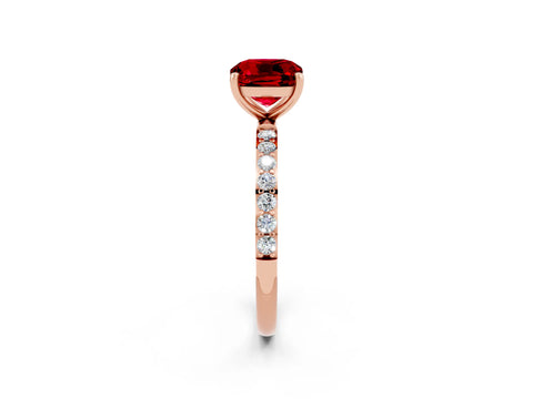 Rose gold Cushion Cut Ruby Solitaire Ring with Pave Band and Four Prong Setting_26
