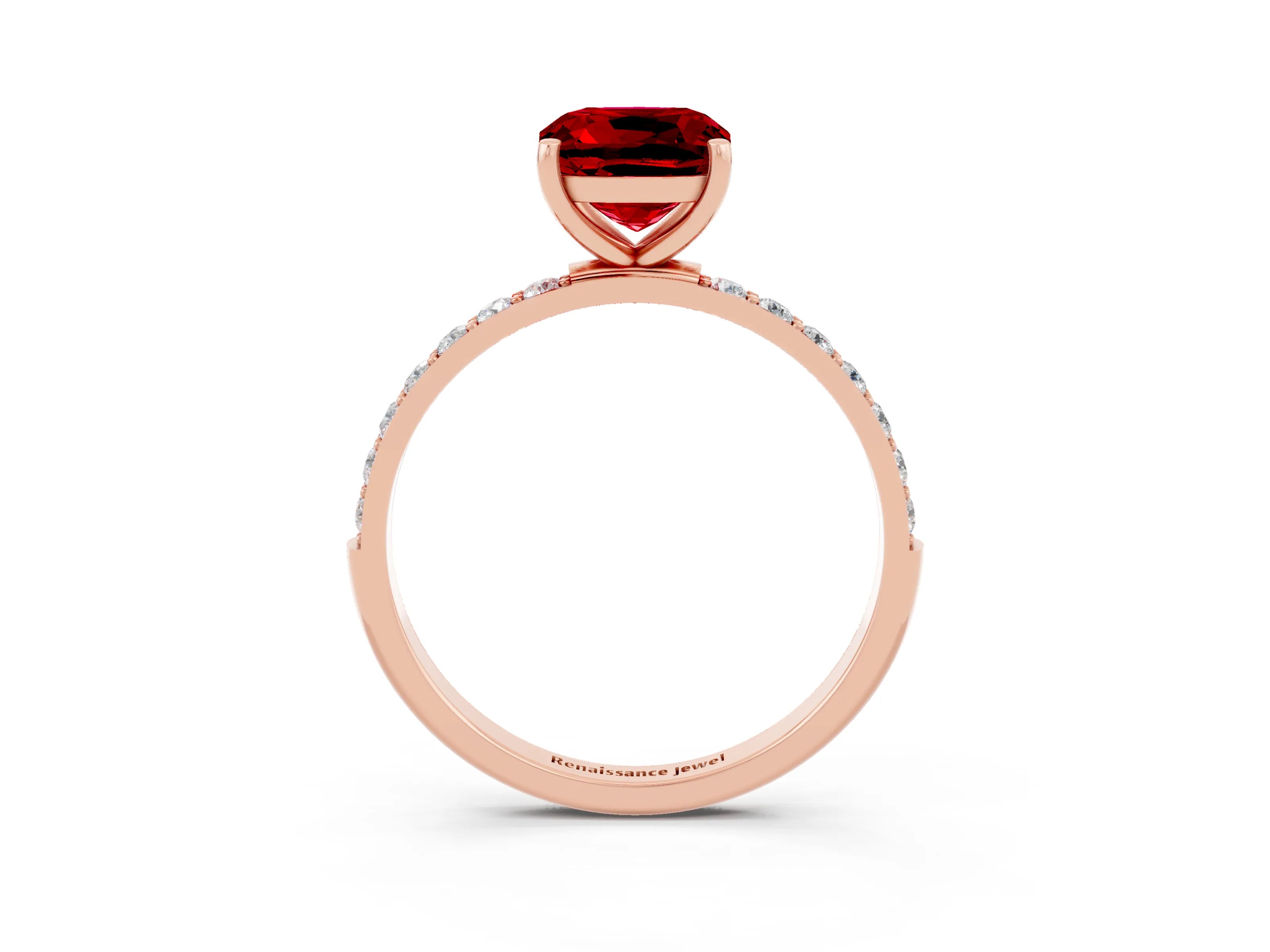 Rose gold Cushion Cut Ruby Solitaire Ring with Pave Band and Four Prong Setting_27