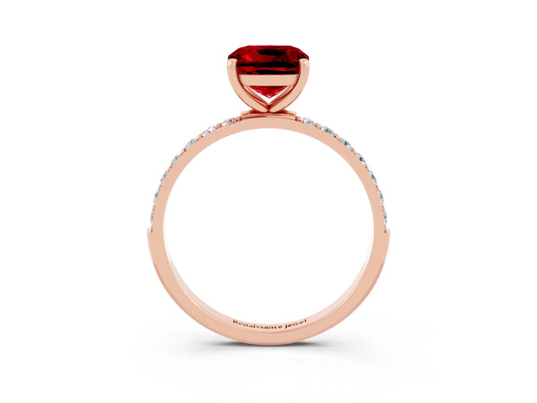 Rose gold Cushion Cut Ruby Solitaire Ring with Round  Pavé Band and Prong Setting