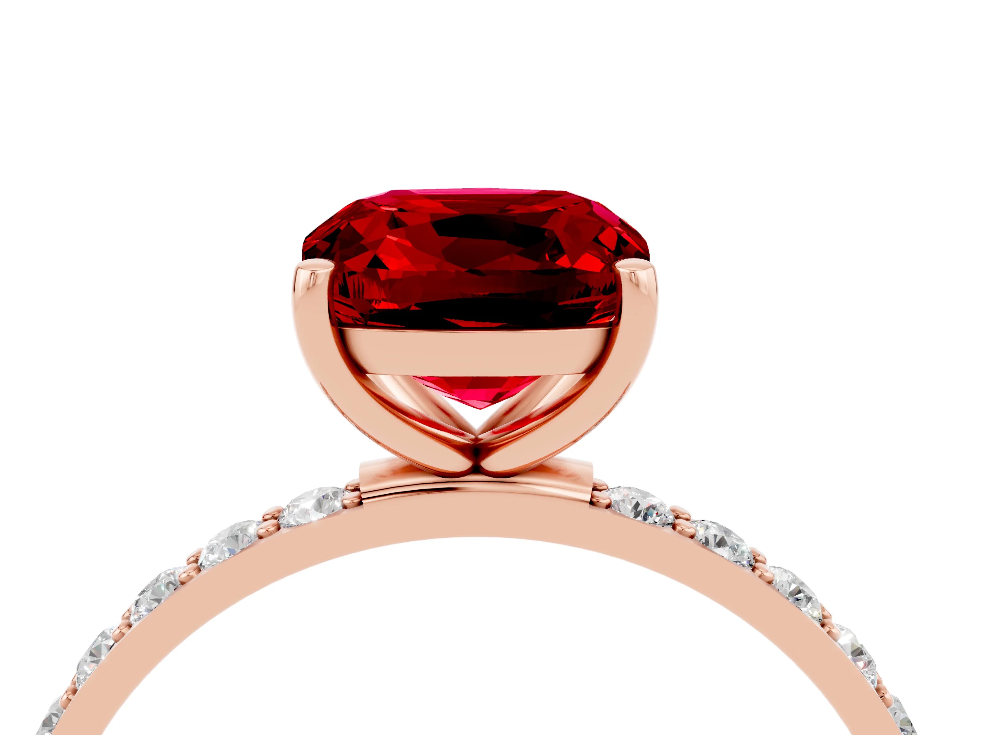 Rose gold Cushion Cut Ruby Solitaire Ring with Pave Band and Four Prong Setting_28