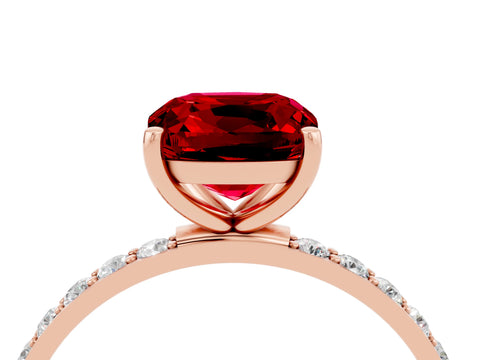Rose gold Cushion Cut Ruby Solitaire Ring with Pave Band and Four Prong Setting_28