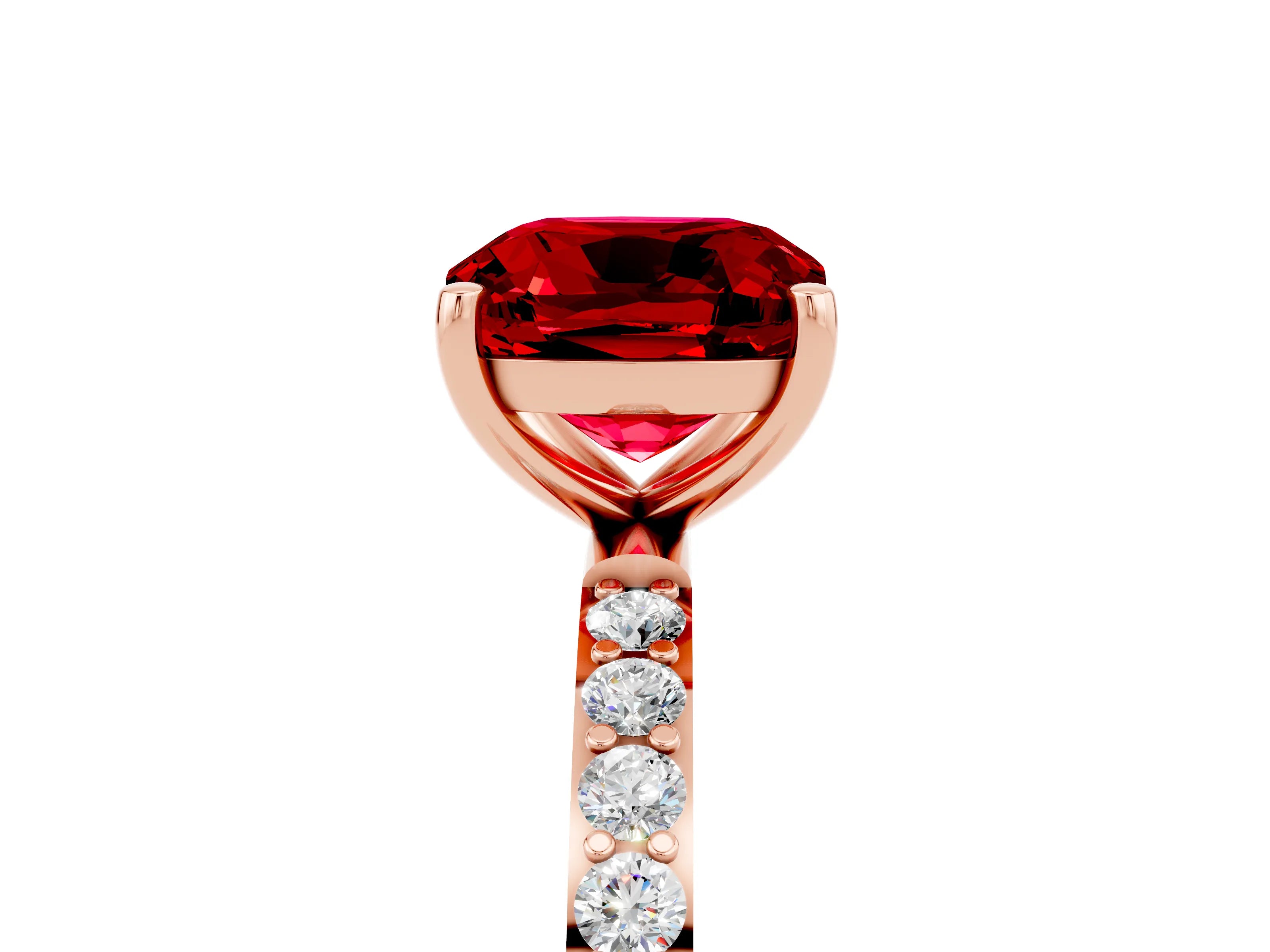 Rose gold Cushion Cut Ruby Solitaire Ring with Pave Band and Four Prong Setting_29