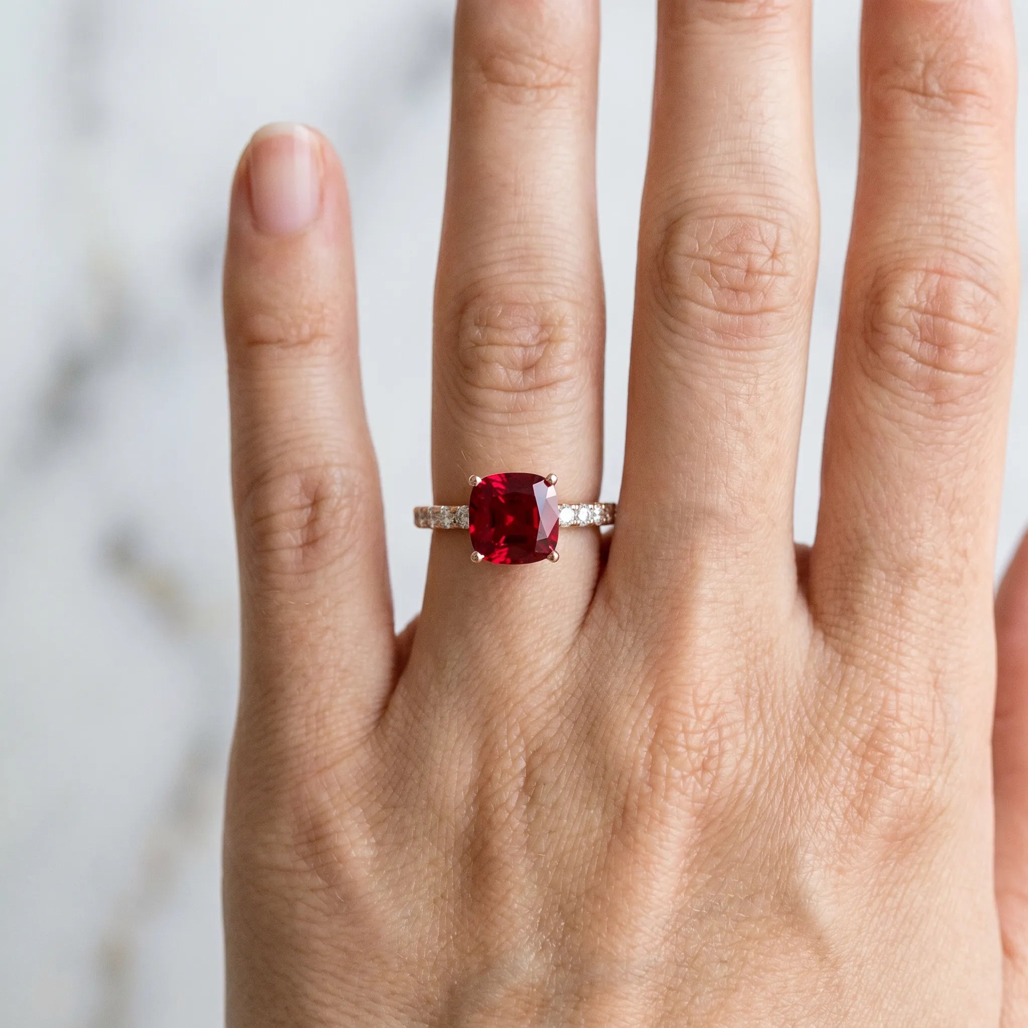 Rose gold Cushion Cut Ruby Solitaire Ring with Round  Pavé Band and Four-Prong Setting_42