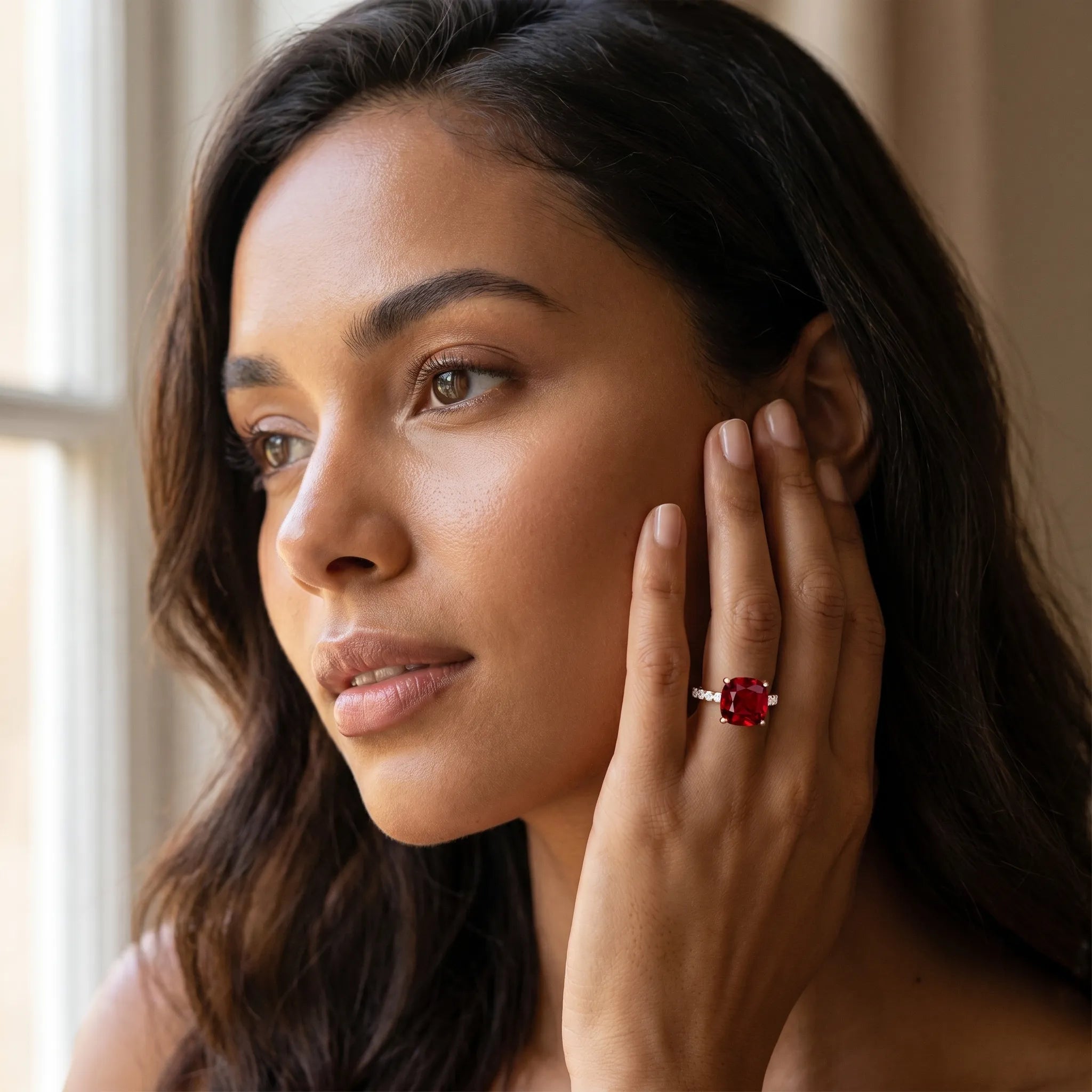 Rose gold Cushion Cut Ruby Solitaire Ring with Round  Pavé Band and Four-Prong Setting_43