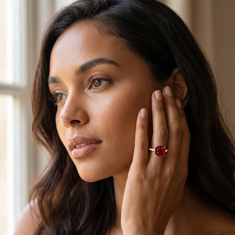 Rose gold Cushion Cut Ruby Solitaire Ring with Round  Pavé Band and Four-Prong Setting_43