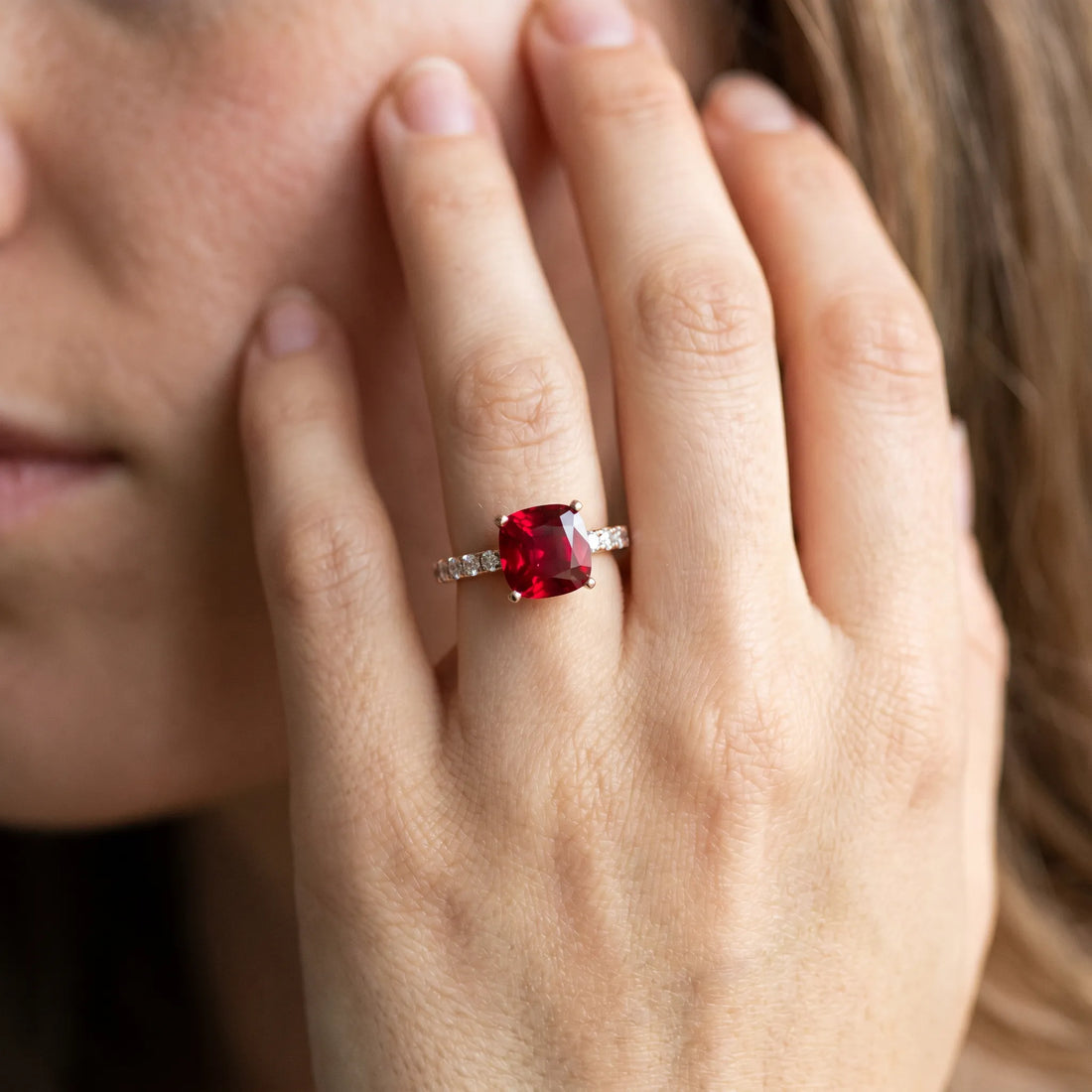 Rose gold Cushion Cut Ruby Solitaire Ring with Round  Pavé Band and Four-Prong Setting_44